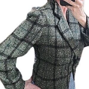 Preppy Vtg‎ Wool Plaid Jacket Blazer Clueless Ungaro Black Green TWEED 90s women